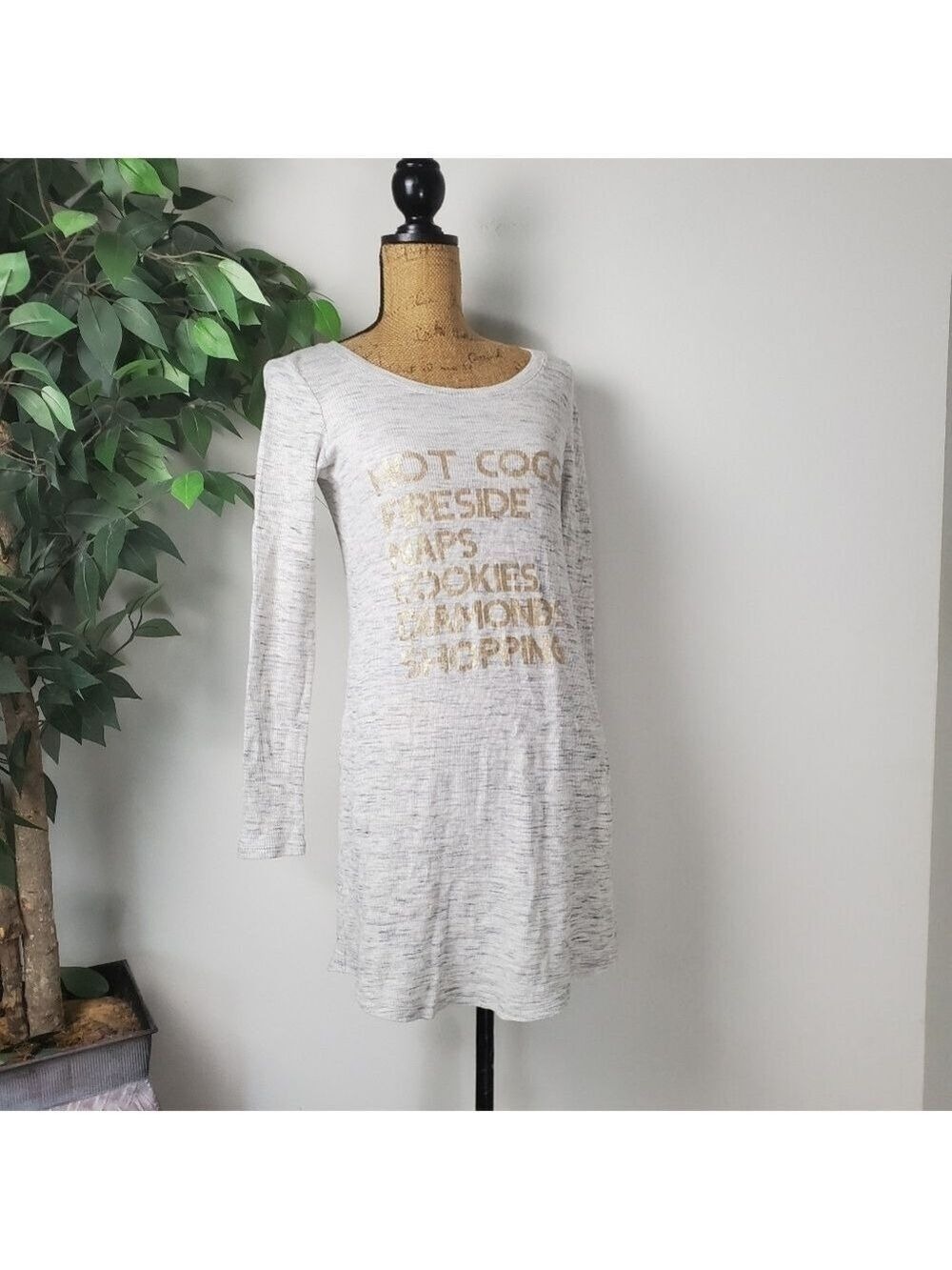 Aerie Cozy Gray and Gold Pajama Dress Small Petite